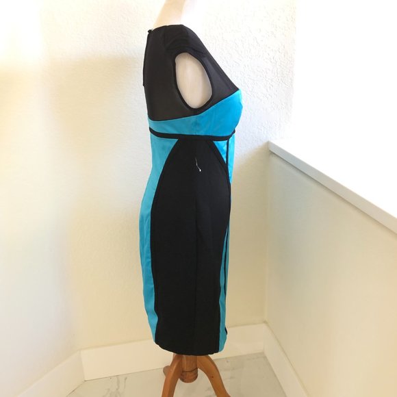 NEW BEBE Classic Black & Turquoise Blue Color block Silky Satin Stylish DRESS S - Picture 4 of 13